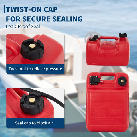 3 Gallon Marine Transfer Tank with Hose for Boats, I Shape Handle, 12 Liter Capacity, close-up on secure twist-on cap