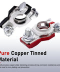 Premium Battery Terminal Connectors Set 2 rustproof positive and negative top post clamps with washers for universal vehicle setup.