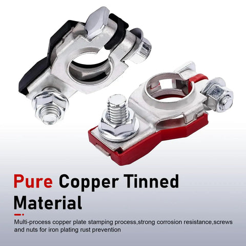 Premium Battery Terminal Connectors Set 2 rustproof positive and negative top post clamps with washers for universal vehicle setup.