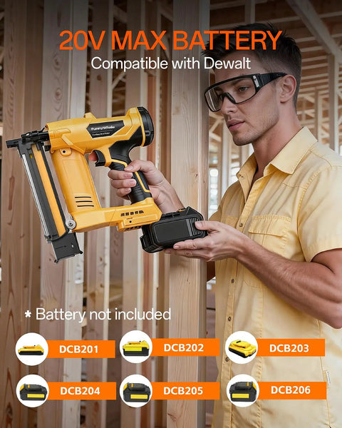 Premium Three In One Cordless Brad Nailer Featuring Zero Hassle Setup and Lightning Quick Firing Actions held by a user, battery not included.