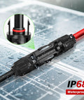 Close-up of 4 Pairs Solar Y Branch Connectors Kit 1 To 2 Parallel PV Adapters 30A Cable with waterproof feature on solar panel