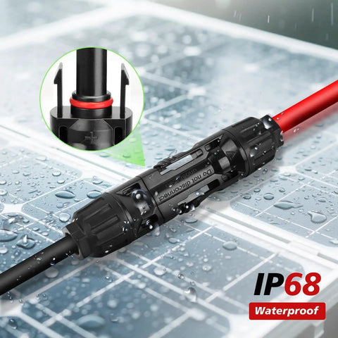 Close-up of 4 Pairs Solar Y Branch Connectors Kit 1 To 2 Parallel PV Adapters 30A Cable with waterproof feature on solar panel
