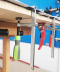 Heavy Duty Guide Rail Clamps With Handle For Woodworking Track Saw Tables And Rails Screw Action Arm in use on table