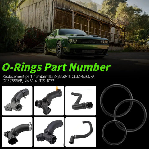 Radiator Hose and Coolant Tee Leak Repair Kit With O Ring Seals for Ford F Series and Lincoln, showing various hose connectors and O-rings.