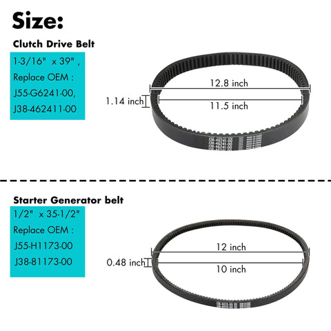 Heavy Duty Golf Cart Drive Belt And Starter Generator Belt dimensions for Clutch Drive and Starter Generator belts.