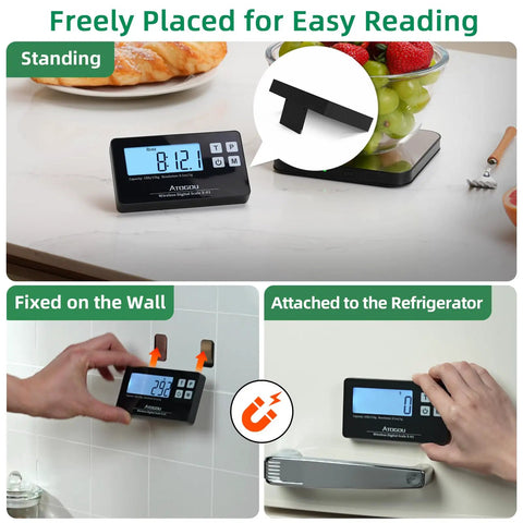 Wireless Kitchen Scale With Remote Display And 33 Lb Capacity, Precise 1 g And 0.1 oz Graduation, shown freestanding, wall-mounted, and on fridge