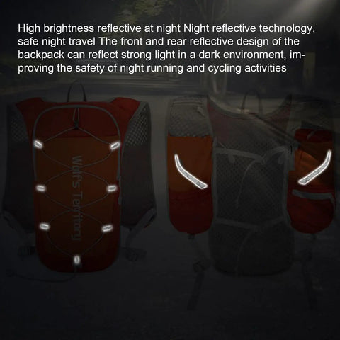 Trail Ready Hydration Vest With Adjustable Chest Straps, lightweight pack showcasing reflective design for night visibility.