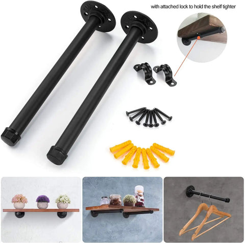 Industrial Black Iron Pipe Shelving Brackets 4 Pack, 13.8 Inch Vintage Wall Mount DIY Shelving Supports Built To Last with screws
