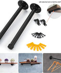 Heavy Duty Black Iron Pipe Shelf Brackets 6 Pack 13 Point 7 Inch Vintage Wall Mount DIY Shelving For Rustic Home Decor And Quick Space Saving Storage Great For DIY Projects And Small Spaces, shown with mounting hardware and examples of use.