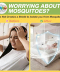 Before and after comparison showing a woman distressed by mosquitoes and the Four Corner Bed Mosquito Net For Canopies And Travel in use.