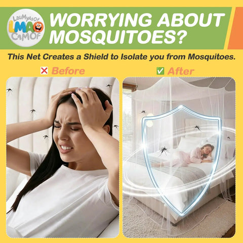 Before and after comparison showing a woman distressed by mosquitoes and the Four Corner Bed Mosquito Net For Canopies And Travel in use.