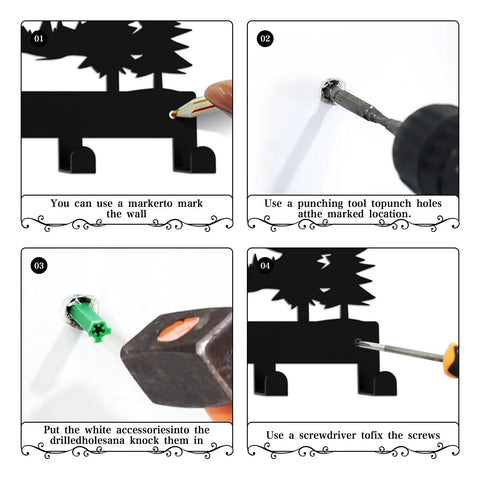 Installation steps for Wall Mounted Key Holder With 7 Dope Black Metal Hooks, Mountain Themed Key Rack for secure wall mounting.