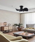ABS Ceiling Fan with 3 Color Temperature LED Light and Remote Control in modern living room, matte black finish.