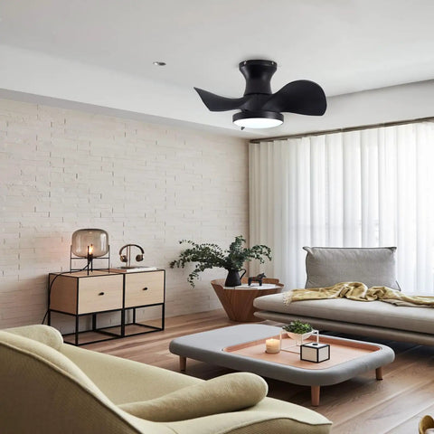 ABS Ceiling Fan with 3 Color Temperature LED Light and Remote Control in modern living room, matte black finish.