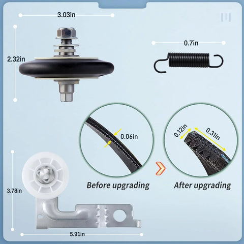 Dimensions of Upgraded Dryer Rollers Kit for LG Kenmore Dryers with parts details and thickness comparison