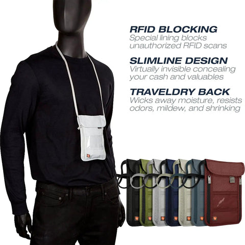 Mannequin wearing RFID Blocking Stash Neck Wallet and Travel Pouch Passport Holder for Women and Men in taupe color.