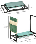 Heavy Duty Garden Kneeler And Seat With Large Four Pocket Tool Bag Flip Up Bench For Kneeling Or Sitting Thick Durable Frame For Women Men Gardeners Keeps Clothes Clean While Tending The Yard, shown folded and unfolded with dimensions.