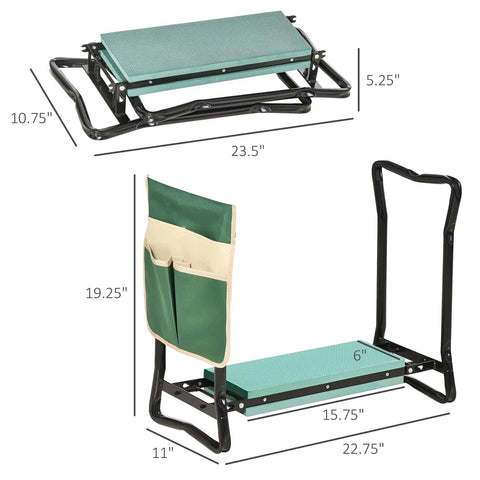 Heavy Duty Garden Kneeler And Seat With Large Four Pocket Tool Bag Flip Up Bench For Kneeling Or Sitting Thick Durable Frame For Women Men Gardeners Keeps Clothes Clean While Tending The Yard, shown folded and unfolded with dimensions.