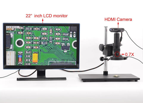 Top Shelf Black C Mount Monocular Microscope Camera Adapter with 0.7X zoom, displayed with 22" LCD monitor.