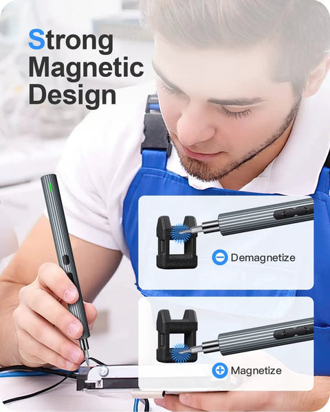 Person using Mini Electric Screwdriver 62 In 1 Cordless Precision Power Tool Kit with magnetic design for electronics repair.