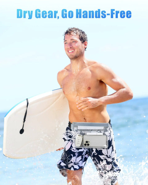 Man with surfboard wearing waterproof fanny pack pouch for beach and cruise trips with roll top closure and zippers, ocean in background.
