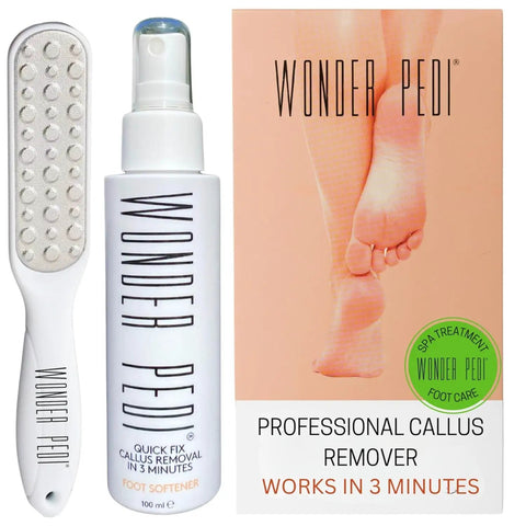Easy At Home Foot Care Kit With Quick Peel Spray And Foot File Rasp For Callus Removal Three Minute Quick Fix Realistic Home Spa Pedicure Exfoliator Softener Heel Scrubber To Peel Dead Skin And Crush Calluses In Minutes featuring foot softener and file tool.