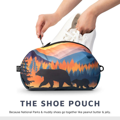 Slick Ultra Lightweight Compression Packing Cubes 7 Piece Set For Travel Luggage Organizers, bear print shoe pouch in use.