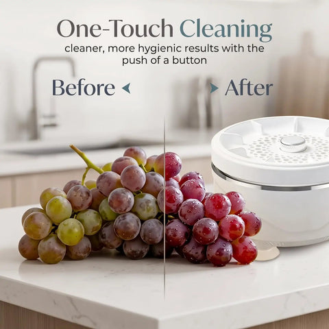 Produce Cleaner For Fruits And Veggies Upgraded Washing Device with Before and After grapes on kitchen counter