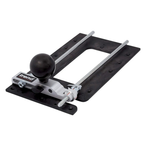 Multifunction Combination Router Base With Quick Change Design And Offset Baseplate For Hella Precise Trenching And Mortising Work That Is A Savage Game Changer For Your Shop, featuring a sturdy adjustable platform and clamp.