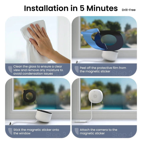 Installation steps for No Drill Window Camera Kit 2K 2 Pack With Dual Band WiFi Two Point Four GHz And Five GHz Dome Cameras for home use.