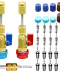 31Pcs R134A Valve Core Quick Remover And Installer Tool Set For AC Refrigerant System showcasing connectors and caps