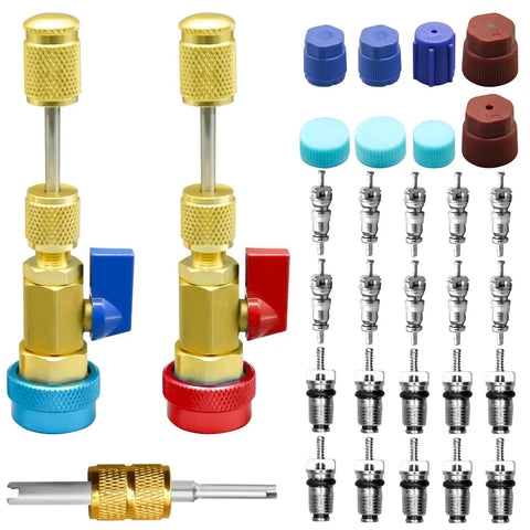 31Pcs R134A Valve Core Quick Remover And Installer Tool Set For AC Refrigerant System showcasing connectors and caps