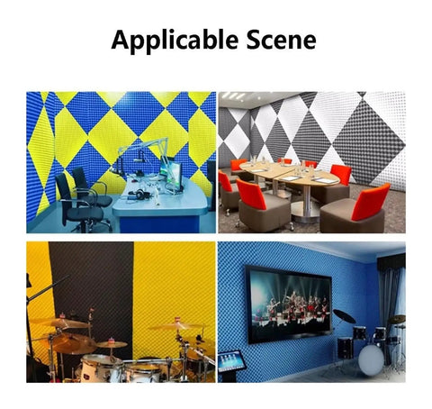 Four room scenes featuring Game Changer Soundproof Egg Crate Acoustic Foam Panels 7Cm Thick for sound dampening.