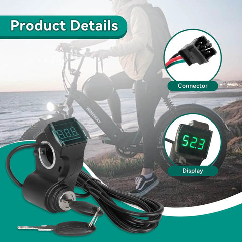 E Bike Voltage Display With LCD Readout Thumb Throttle Real Time Digital Battery Voltage Power Switch With Key Lock For E Scooter And Electric Bicycle No Battery Drama Works With Lead Acid Or Lithium showing display and connector details
