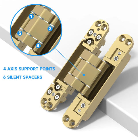 Heavy Duty Hidden Door Hinges 2 Pack Gold Finish showing 4 axis support points and 6 silent spacers for smooth installation.
