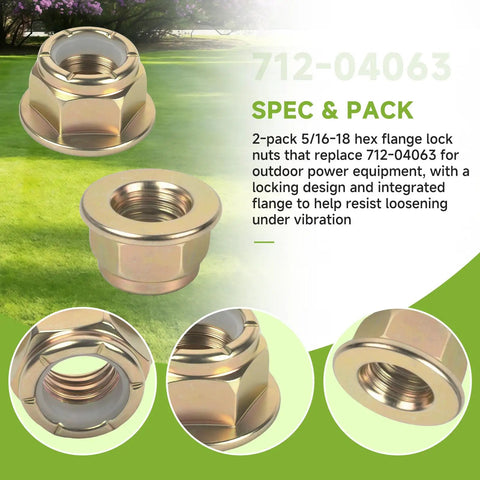 Two Pack 5/16-18 Flange Lock Nuts With Locking Flange For Outdoor Power Equipment Replacement 712-04063 Replacement Fits MTD Cub Cadet Troy-Bilt displayed on a green background