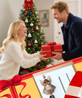 Couple exchanging gifts with Christmas tree backdrop and Angel Stake Solar Lights With Crackle Glass Globe image below