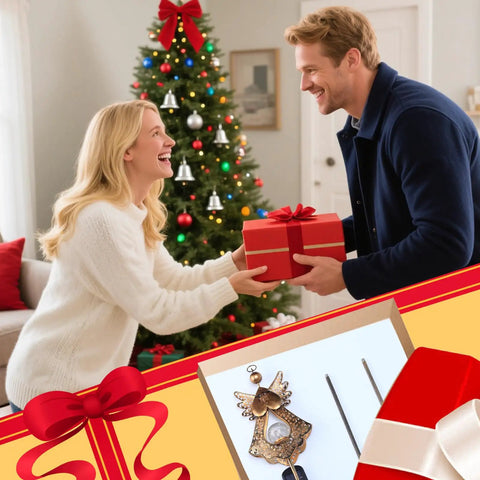 Couple exchanging gifts with Christmas tree backdrop and Angel Stake Solar Lights With Crackle Glass Globe image below