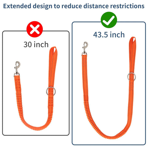 Comparison of Extended Bungee Chainsaw Strap With Long Snap Lanyard For Arborist Gear, orange heavy duty tether at 30 and 43.5 inches.