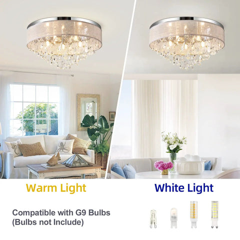 Flush Mount Ceiling Light Fixture With Crystal Chandelier 19.5 Inch Drum Modern Pendant K9 Crystals Fabric Shade illustrating warm and white light ambiance in living rooms.