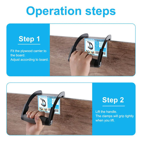 Operation steps for Two Pack Plywood Carrier Clamp Set for Lifting Drywall and Panel Moving, gripper tool demonstrated on wood panel.