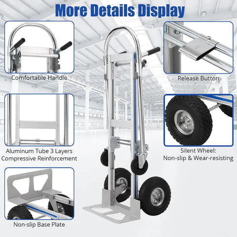 2 In 1 Convertible Hand Truck With 1000 Lbs Capacity, Heavy Duty Platform Cart Dolly For Home And Warehouse Moving, Non Slip Handle And Wheels, Foldable Design, Durable Steel Frame, Easy Switch Between Two Wheel And Four Wheel Modes, folded aluminum frame and wheels