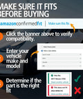 Infographic showing steps to verify product fit using Amazon's Confirmed Fit for vehicles, includes drop-down menu and fit results.