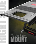 Hella Sturdy Cast Iron Router Table Top Paired With Premium Table Saw Extension Wing Built For Killer Precision And Dead Flat Vibration Free Woodworking Results Measuring Twenty Seven Inches Across viewed from the right side.