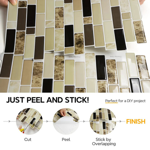 12x12 Peel And Stick Kitchen Backsplash Tiles Self Adhesive Easy Install DIY Friendly No Mess For Kitchen And Bathroom 10 Sheets Eco Friendly 40 Percent More Coverage Per Pack showing marble brown and drab design with peel and stick process illustration