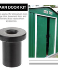 Five Pack Barn Door Track Spacers And Wall Connectors Rust Resistant Smooth Polished Hardware For Sliding Door Setups shown installed on green storage shed with close-up of spacer component.
