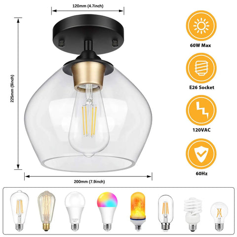 Modern Semi Flush Mount Ceiling Light With Clear Glass Shade, Industrial Close To Ceiling Fixture In Black, E26 socket shown