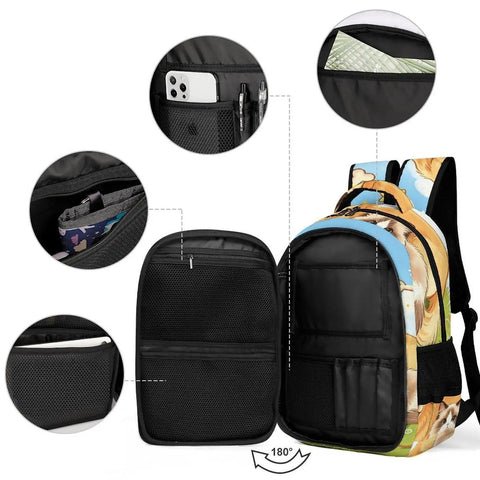 Sunny Grass Pet Duo Printed Unisex Backpack with open compartments showing spacious storage for everyday and travel essentials.