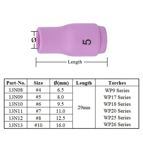 13N09 TIG Alumina Ceramic Nozzle Cups #5 with 8mm bore and 29mm length for WP9 WP20 WP17 WP26 welding tools.