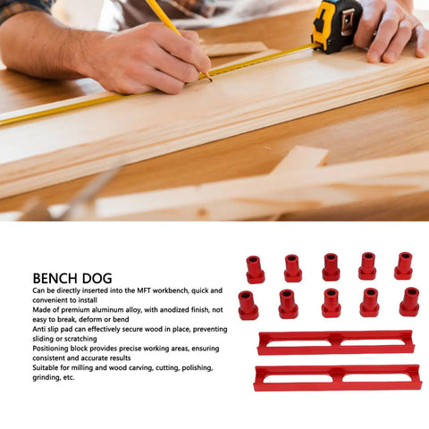 Aluminum Alloy Bench Dogs Set For Woodworking, 10 Pieces, Non Slip Workbench Stops, 20mm Diameter, Red Base Clamps Visible